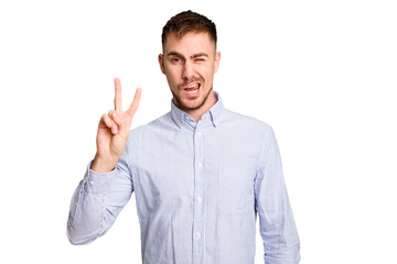 Young caucasian man cut out isolated showing number two with fingers.