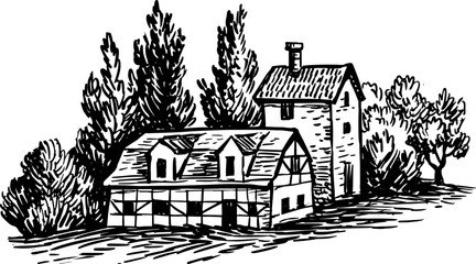 Old houses and trees ink sketch. - 563893399