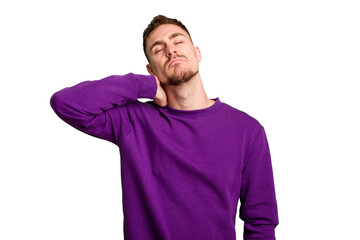 Obraz premium Young caucasian man cut out isolated massaging elbow, suffering after a bad movement.