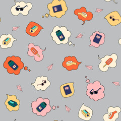 Seamless Pattern with Funny teenage stuff. Gaming, school supplies, goodies and snacks.