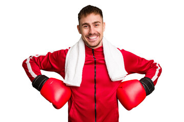 Young caucasian man practicing boxing cut out isolated