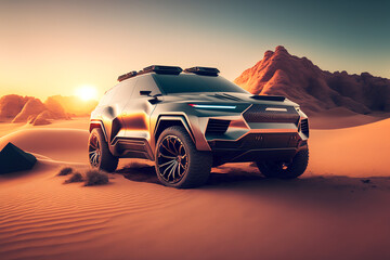 Fototapeta na wymiar futuristic electric smart SUV car in the desert , automotive, Generative AI