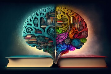 Colorful abstract mind illustration with books 