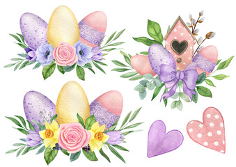 Easter watercolor clipart with eggs and spring flowers