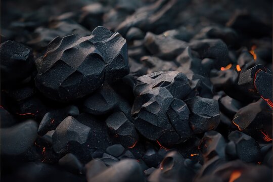 Black volcanic stones and lava close-up. Abstract background. Generative AI