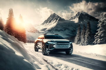  futuristic electric smart SUV car in winter mountain road , concept car, automotive, Generative AI

