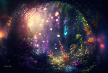 magical forest with glitter glow light in romantic atmosphere Generative Ai - obrazy, fototapety, plakaty