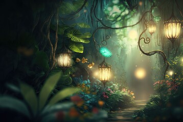 magical forest with glitter glow light in romantic atmosphere Generative Ai