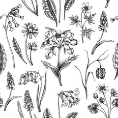 Hand-drawn wildflowers background design. Vintage woodland flowers sketches. Seamless spring pattern. Forest plant and wild flowers illustration cowslip, bluebell, grape hyacinth, hellebore backdrop