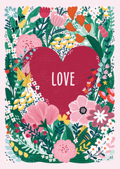 Valentine's Day February 14. Big red heart in floral frame. Symbol of love against a background of different flowers. Hand drawn vector illustration for postcard, card, congratulations and poster.