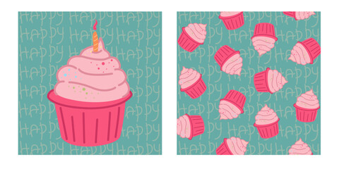 Set of birthday greeting card and cupcake background. Vector greeting card