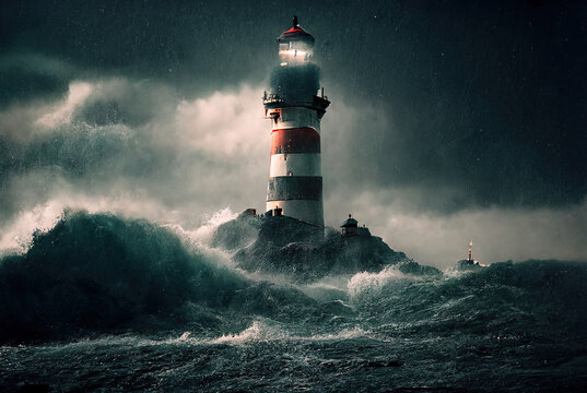 Lighthouse and stormy sea. Generative AI