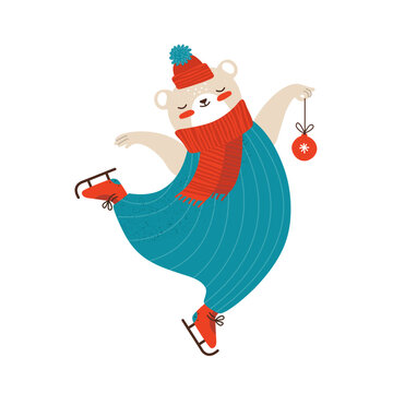 Cute bear cub in winter clothes is skating. Cartoon character of a funny animal in warm hat and scarf isolated on white background. New Year or Christmas. Hand drawn vector illustration.