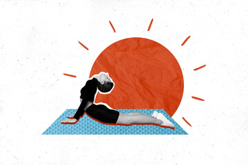 Creative photo 3d collage artwork poster of young girl practicing morning yoga exercises isolated on painting background