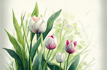 Fototapeta premium Spring tulips and leaves drawn in watercolor style. Generative AI