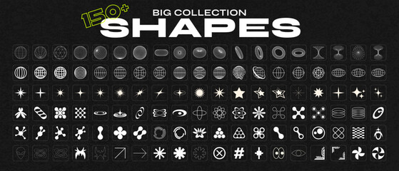 Fototapeta Retro futuristic elements for design. Big collection of abstract graphic geometric symbols and objects in y2k style. Templates for notes, posters, banners, stickers, business cards, logo obraz