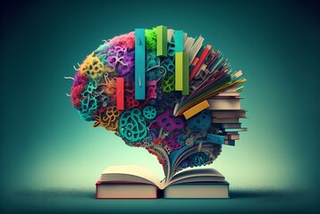 Colorful abstract mind illustration with books 