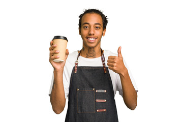 Young African American waiter man holding a takeaway coffee isolated smiling and raising thumb up