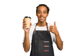 Young African American waiter man holding a takeaway coffee isolated smiling and raising thumb up