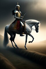 Un caballero monta un caballo blanco y lucha por la justicia y la protección de los débiles. - obrazy, fototapety, plakaty
