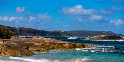 panorama of a unique coastline with wind farms on the cliff  near west cape howe national park; a unique beach near albany and denmark in western australia