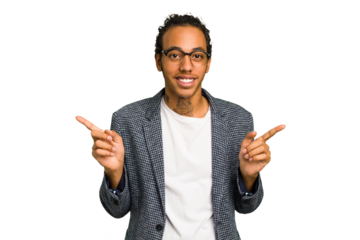 Young African American man isolated pointing to different copy spaces, choosing one of them, showing with finger.