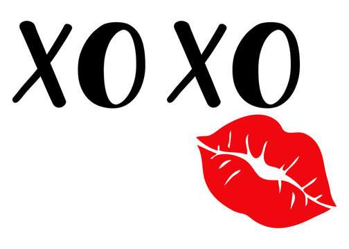 Letras de la palabra XOXO abrazos y besos con silueta de labios de mujer. Texto manuscrito XOXO para su uso en tarjetas y felicitaciones&ntilde;
