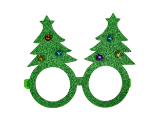 Front of green glitter glasses in the shape of Christmas trees. Isolated cutout on a transparent background