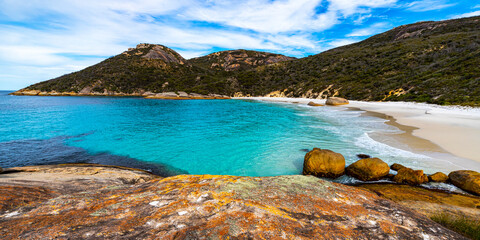 Fototapeta na wymiar panorama of little beach in two peoples bay nature reserve in western australia; paradisiacal hidden beach surrounded by hills near the city of albany