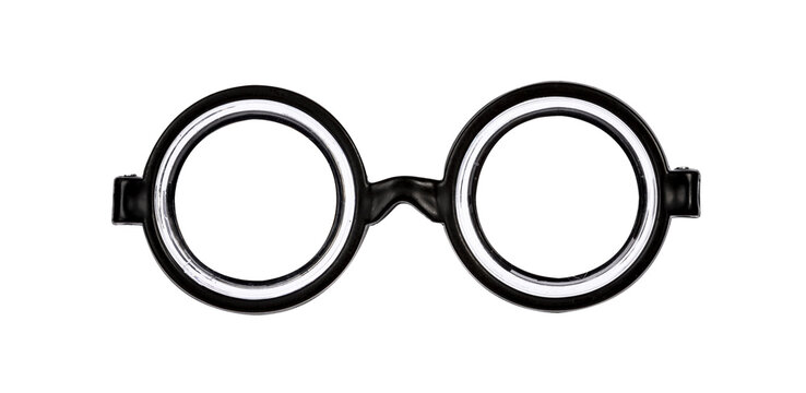 Front of nerdy black glasses with thick glass. Isolated cutout on a transparent background