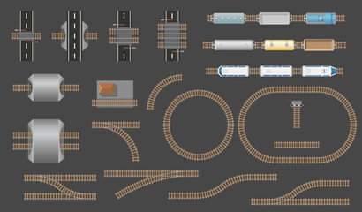 Set of railway parts and trains top view for city map. Railroad train track kit. City transport. Railway route vector collection: station, electric and freight train, wagon, locomotive from above © Volha