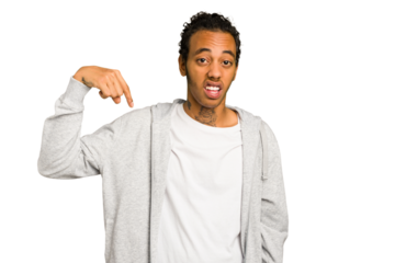 Young African American man isolated person pointing by hand to a shirt copy space, proud and confident