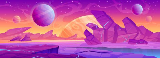 Landscape of alien planet vector illustration. Cartoon fantasy cosmic background with fantastic desert rocks and mountain on surface, purple dry ground with cracks, extraterrestrial neon atmosphere © Flash Vector