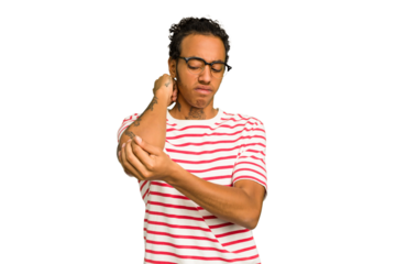 Young African American man isolated having a neck pain due to stress, massaging and touching it with hand.