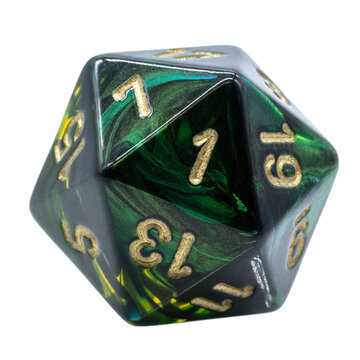 one green marbled w20 or 20 sided dice