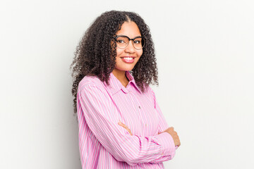 Fototapeta premium Young african american woman isolated on white background happy, smiling and cheerful.