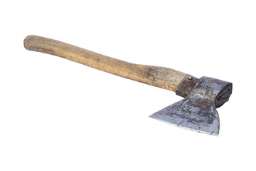 an old ax with a wooden handle isolated from the background