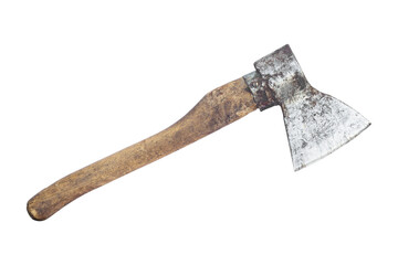 an old ax with a wooden handle isolated from the background