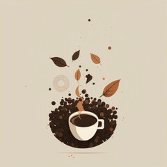 Obraz premium a cup of coffee surrounded by coffee beans and natural leaves representing the creation of ideas generative ai