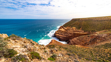 panorama of coastal cliffs in kalbarri national park, the famous kalbarri cliffs over the ocean in western australia
