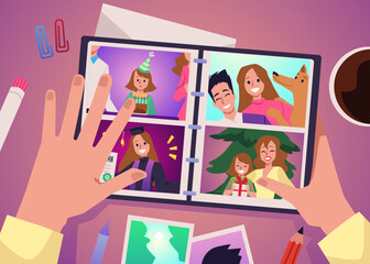 Top view on hands leafing through a family photo album, flat vector illustration.