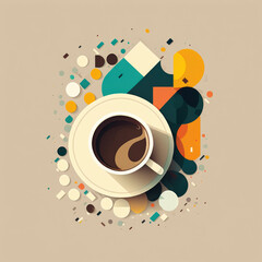 abstract graphic of coffee surrounded by geometric multicolour shapes generative ai