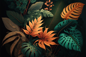 Fototapeta na wymiar Tropical plants background created with generative Ai technologies
