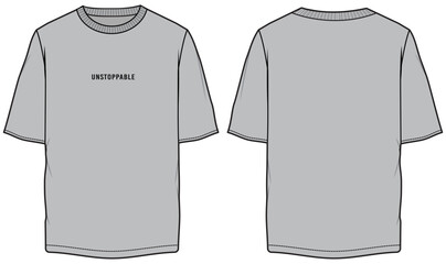 mens oversize boxy t shirt short sleeve crew neck wide baggy t shirt flat sketch vector illustration front and back view technical CAD drawing template