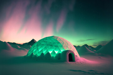 Igloo on snowy landscape, aurora polar lights sky. Ice home illuminated, winter night. AI generative - obrazy, fototapety, plakaty