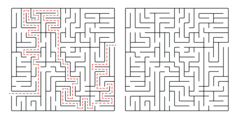 Square maze, a simple logic game with labyrinths. Vector maze game.