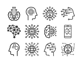 Artificial intelligence line icons. AI technology: internet, solving, algorithm, vector illustration