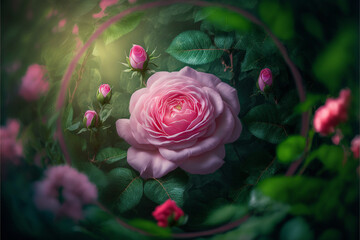 an Enchanted Rose Garden with a close-up of a blooming pink rose surrounded by lush green leaves and other flowers in a garden