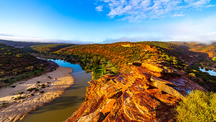 panorama of murchison river gorge in kalbarri national park during sunrise, western australia;...