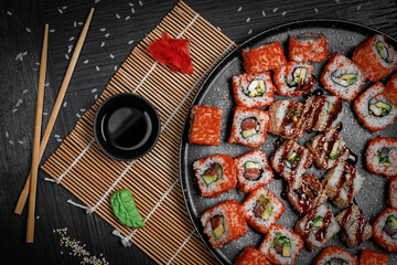 Large set of Japanese California sushi rolls 
